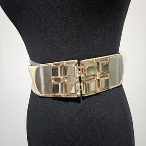 Womens Wide Cinch High Waisted Belt Shiny Bold Squares Gold Metal Buckle Elegant